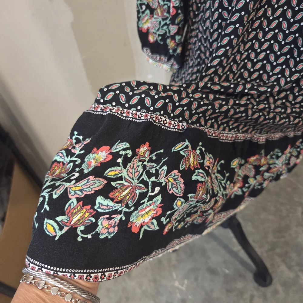 Umgee Boho Black Printed Dress Pink Trim Colorblock V Neck Embroidered Sleeves - Picture 5 of 16